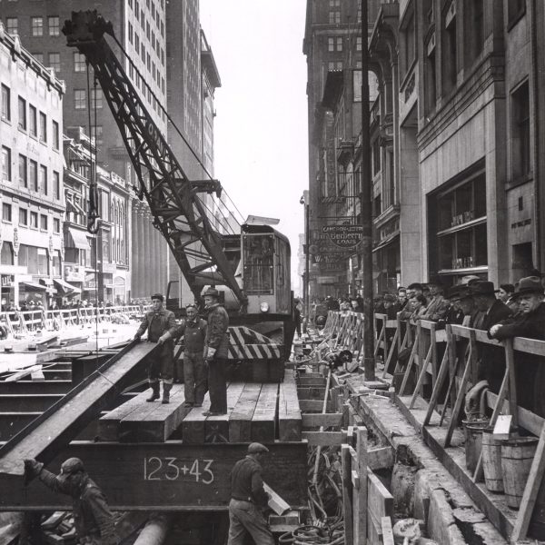 Underground civil construction work on Toronto's new Yonge Street subway corridor in the 1950s